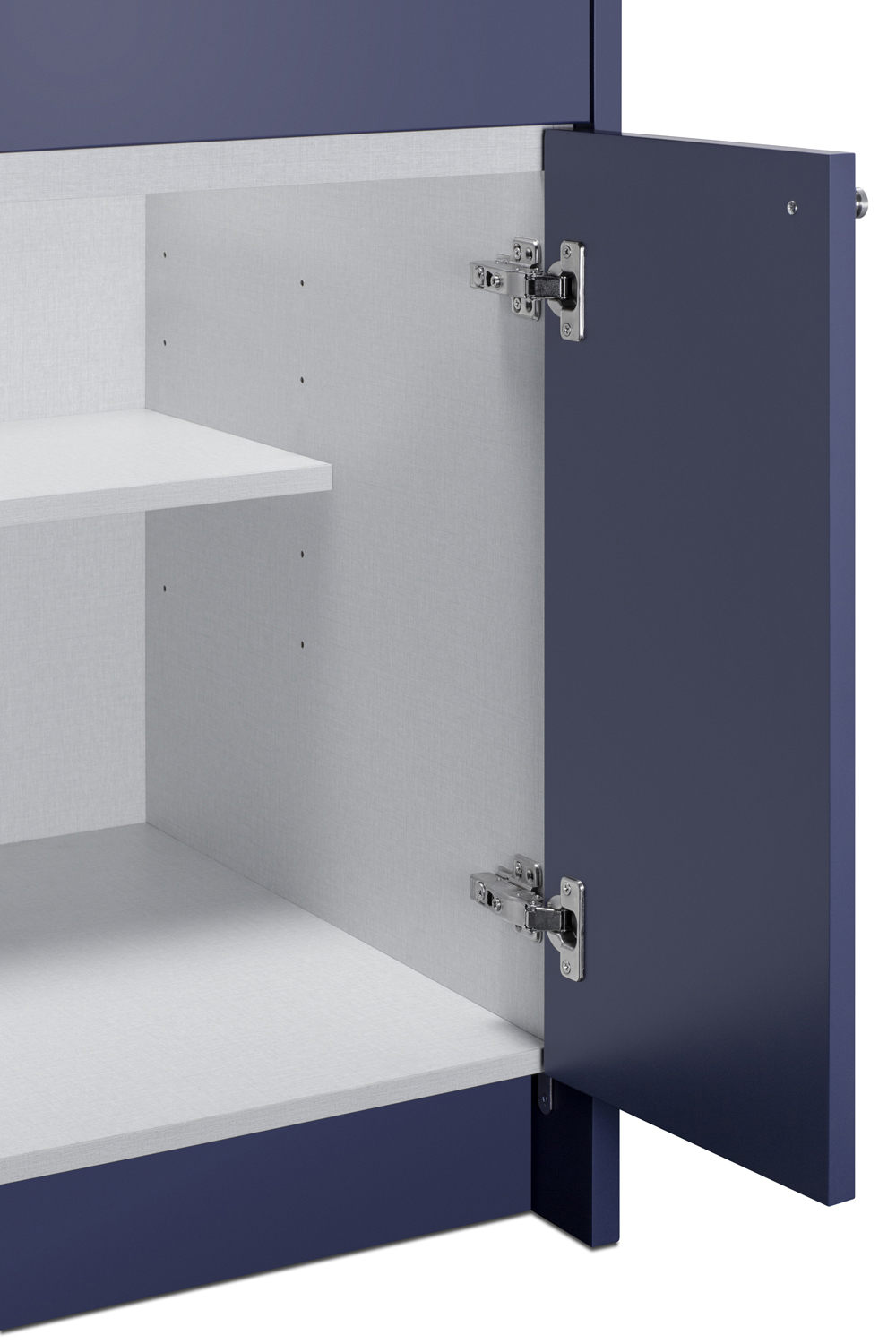 Fully assembled ADA-height Mesa Turnkey Dry Bar in midnight navy finish and shallow 21